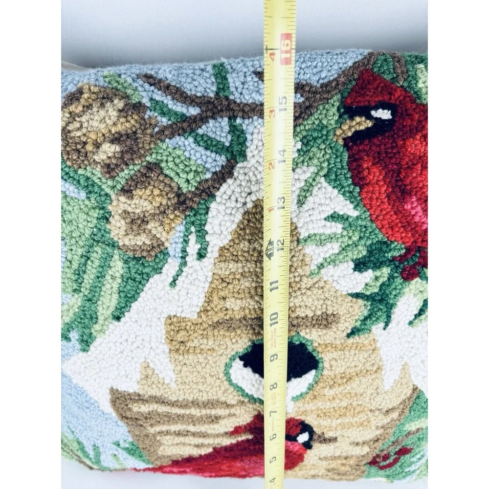 Winter Cardinal Bird House Hooked Wool Throw Pillow Cushion Holiday Christmas